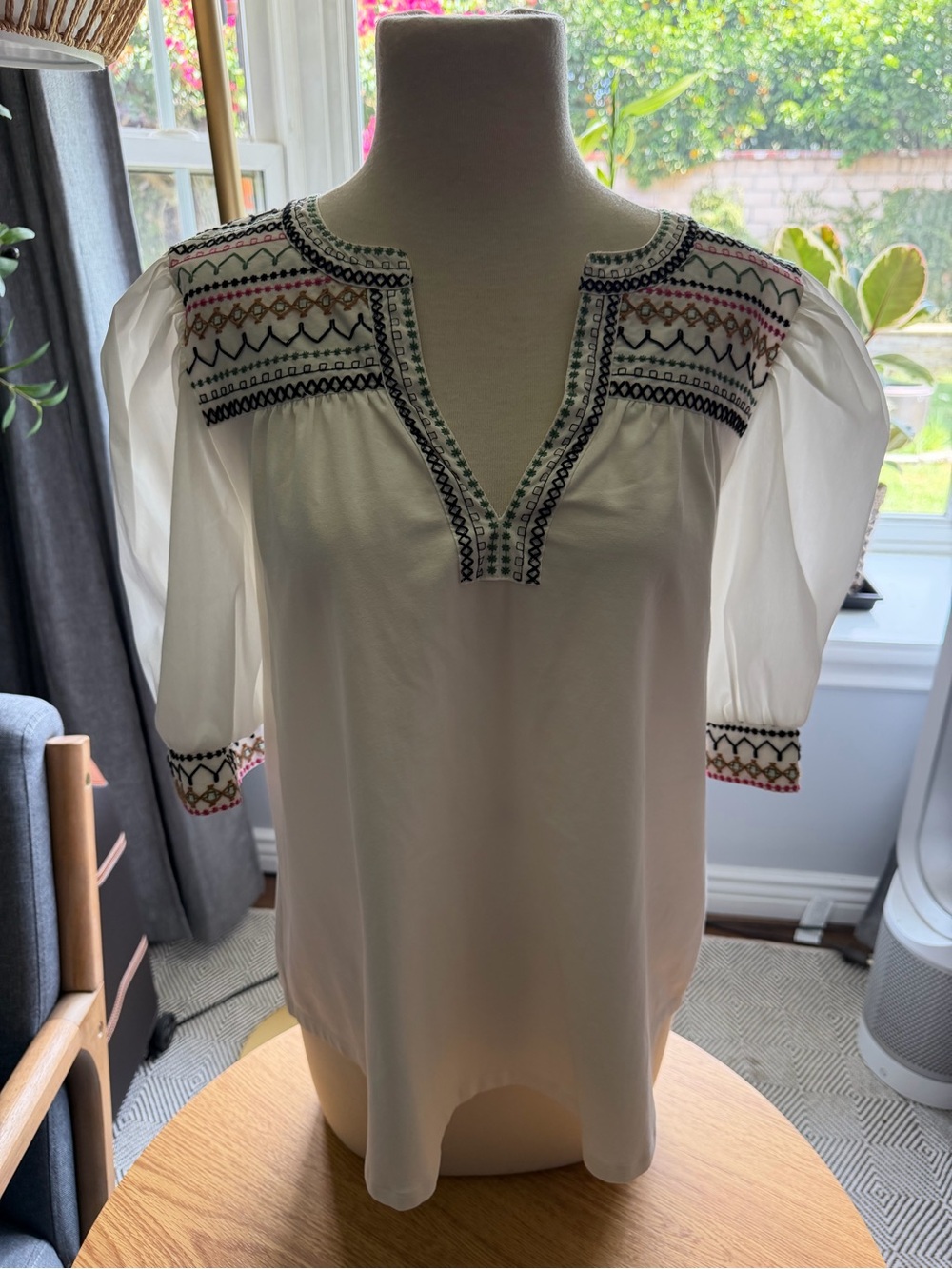 Chico's White Embroidered V-Neck Peasant Blouse